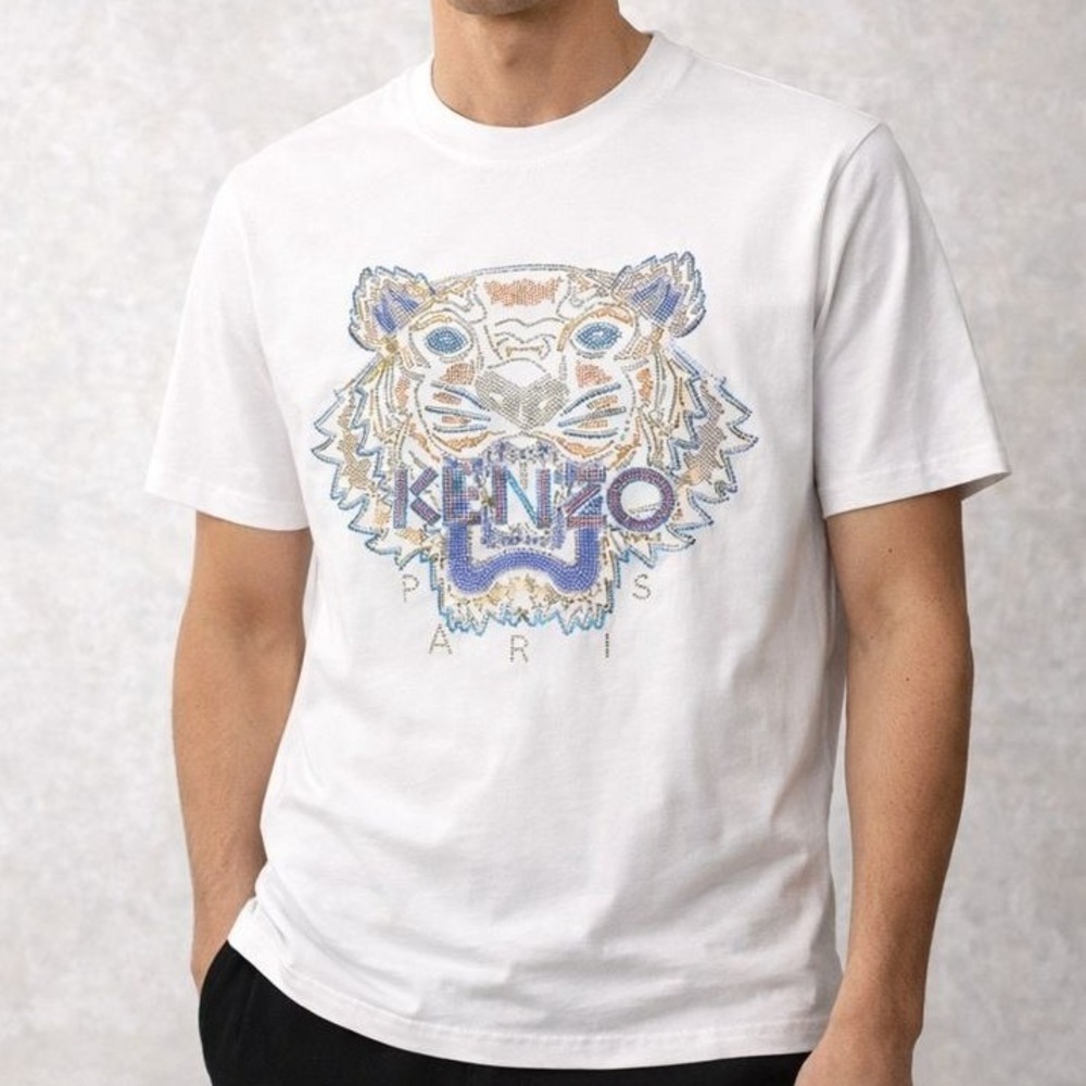 Kenzo Paris T-Shirt Men's S Slim‎ Bedazzled Sparkle Tiger Graphic Logo Tee